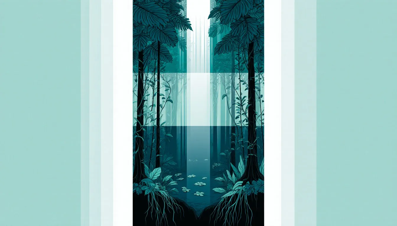 Rainforest cross-section showing sunlight narrowing as it filters through layered canopy down to the shaded forest floor