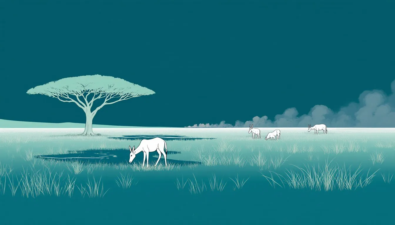 Savanna landscape with an acacia tree, grazing herd, and watering hole under open grassland, smoke on the horizon