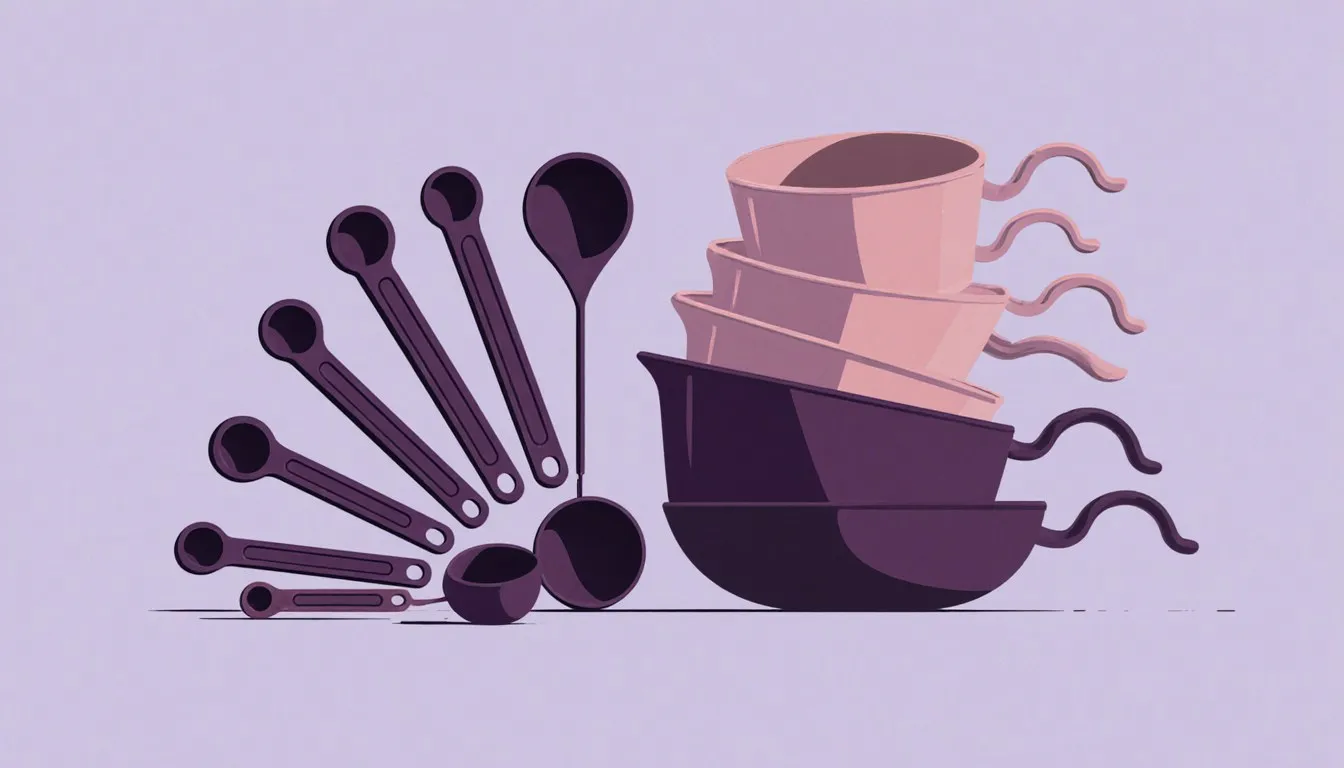Measuring spoons fanned beside a stack of measuring cups arranged from smallest to largest