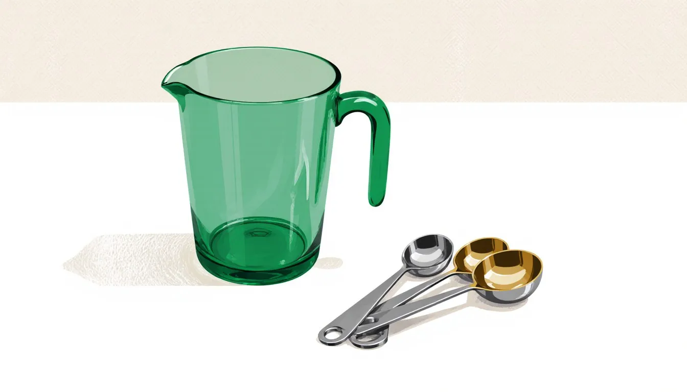 A glass measuring cup and three nested metal measuring spoons arranged on a kitchen counter