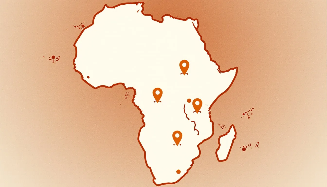 Illustration of the African continent as a bold silhouette dotted with location-pin markers representing capital cities
