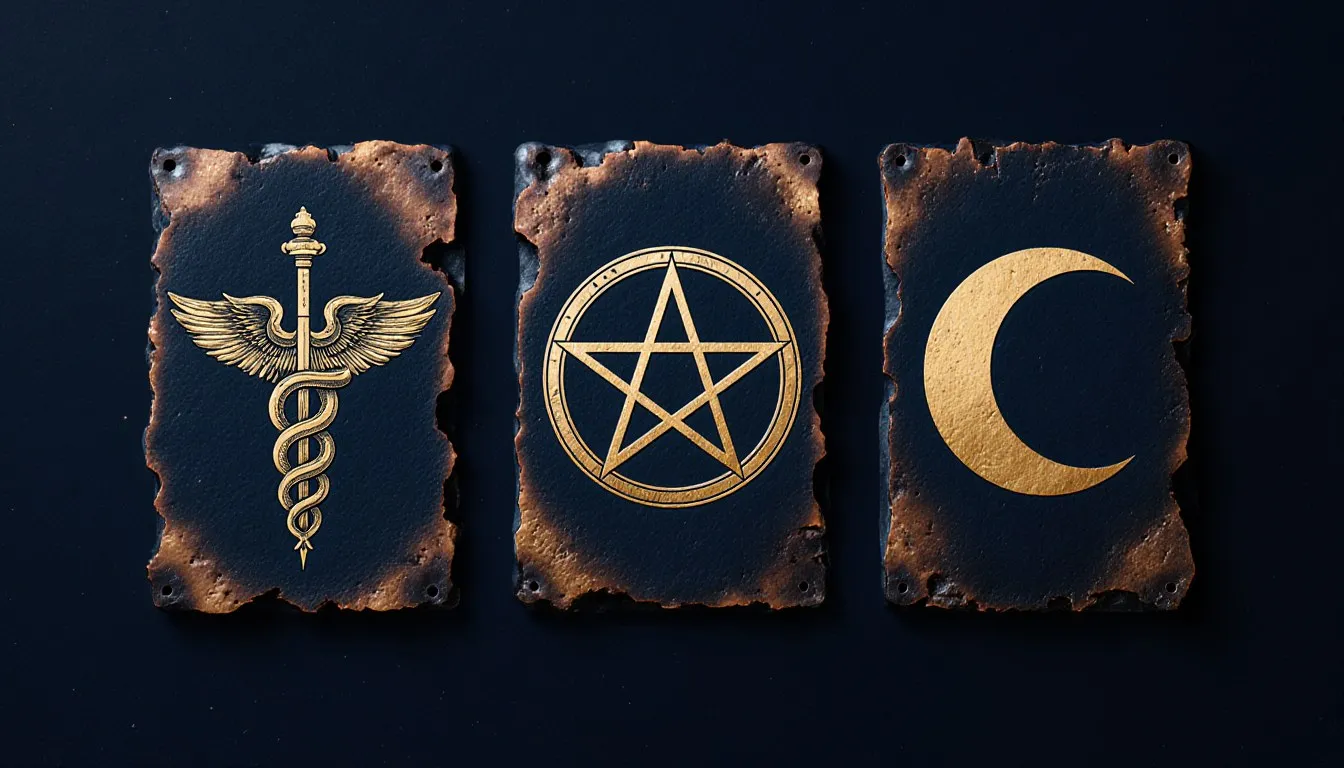 Engraved alchemical symbols , a caduceus, a pentacle, and a crescent moon , arranged on an aged metal plate