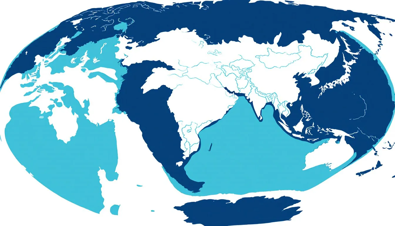 World map illustration with the continent of Asia highlighted and set apart from the other landmasses