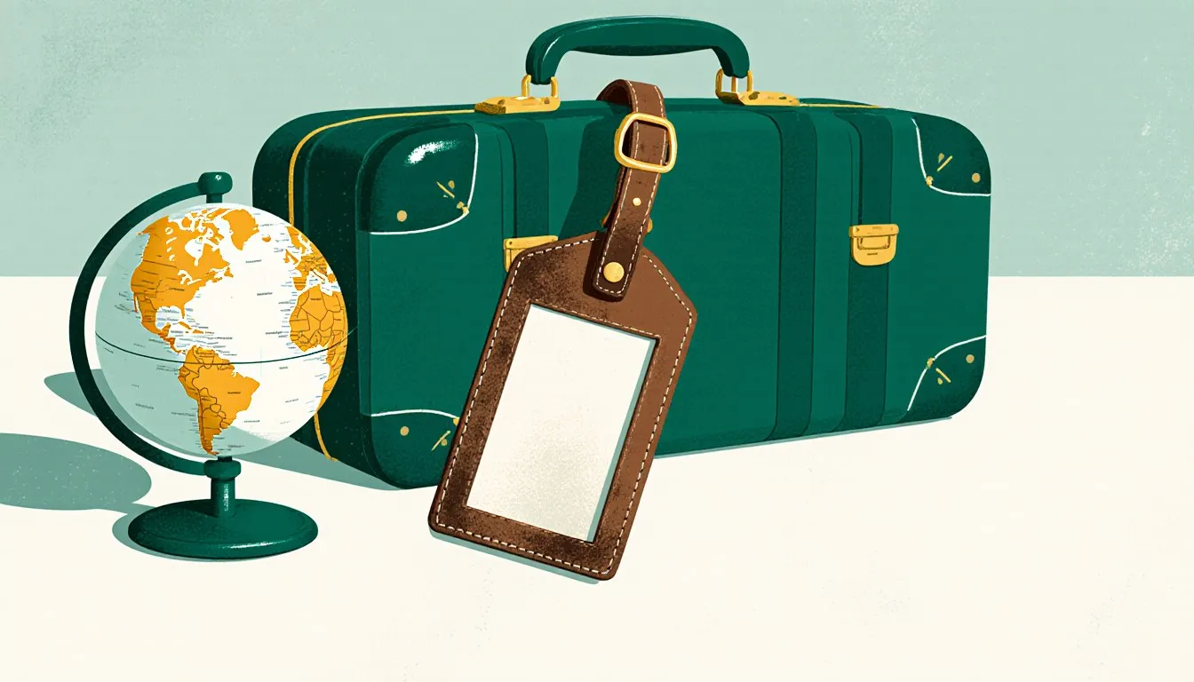 A leather luggage tag looped on a suitcase handle beside a small globe, symbolizing international travel