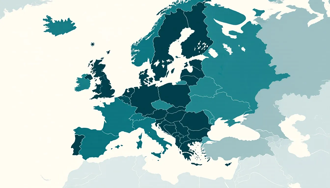 Graphic illustration of the European continent divided into puzzle-piece country shapes