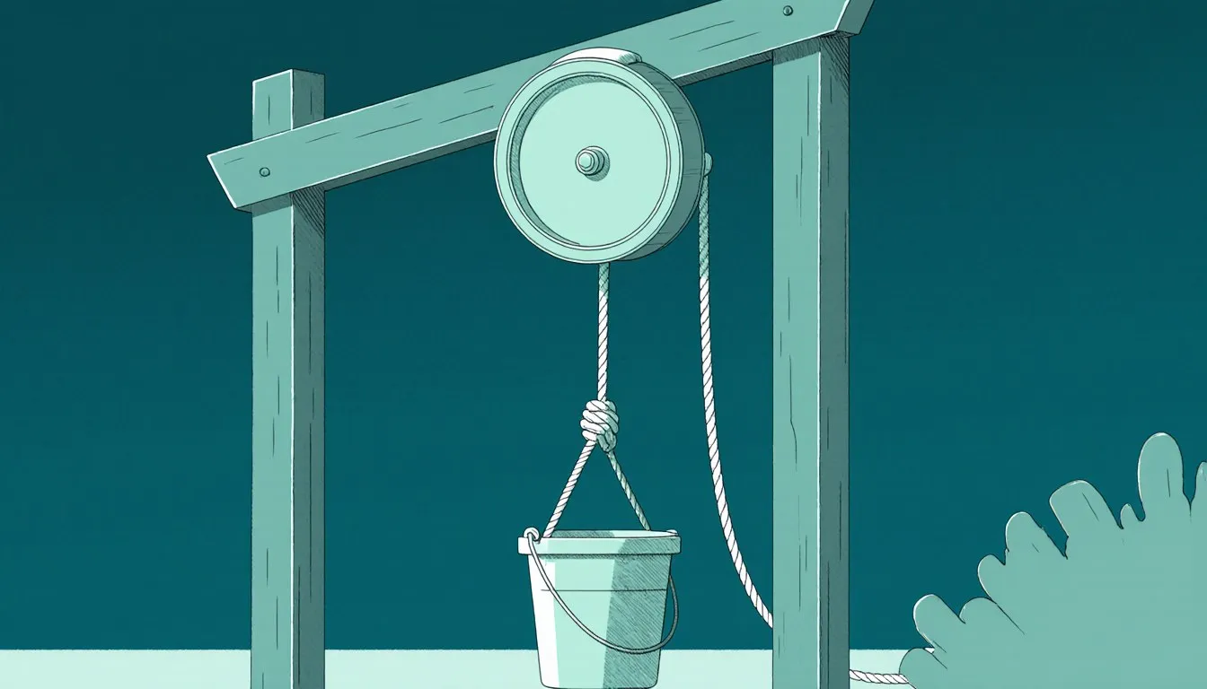 A wheel-and-rope pulley mounted on a beam, lifting a bucket from a well