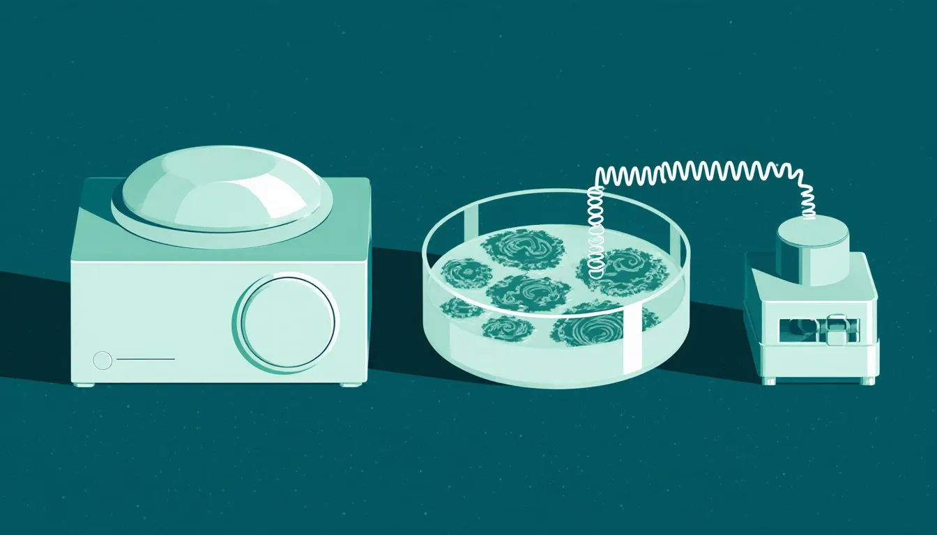 Still-life of a flight recorder, a mould culture dish, and a cochlear implant, symbolizing Australian scientific