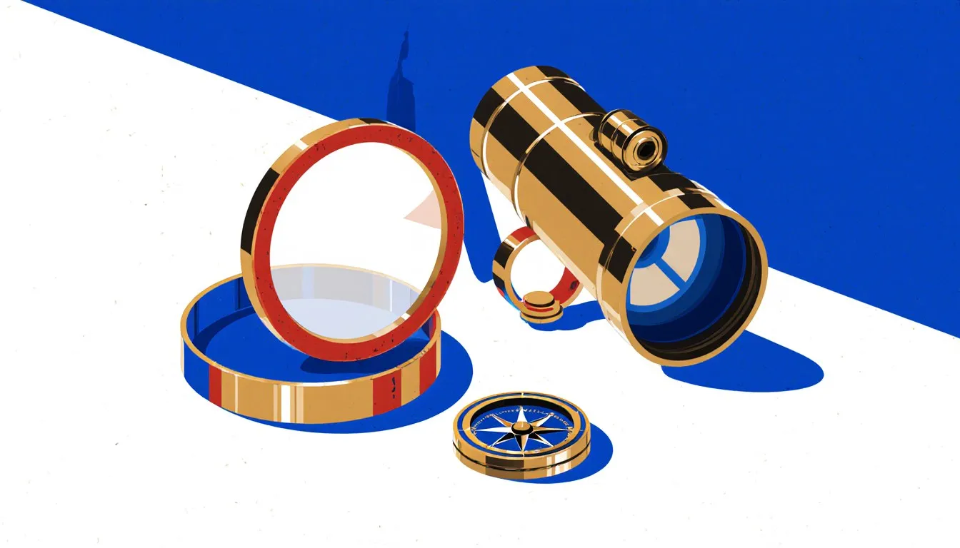 A brass telescope, magnifying glass, and compass arranged together as symbols of scientific discovery