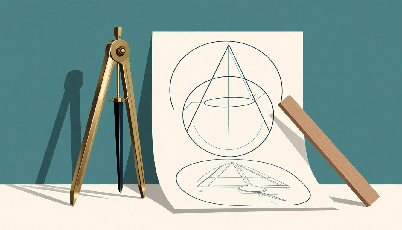 A brass compass, set square, and inscribed-triangle diagram representing classical mathematical discovery