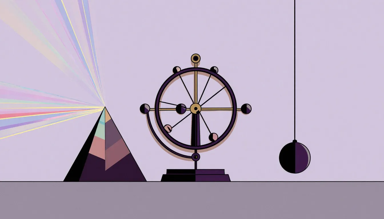 A prism splitting light into a spectrum beside a brass orrery and a swinging pendulum, symbols of classic physics