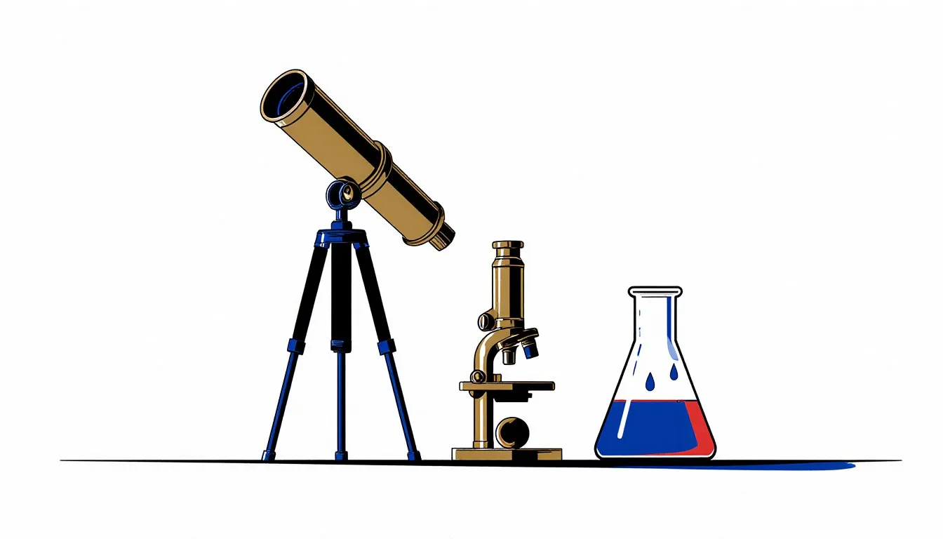 An antique telescope, microscope, and glass beaker arranged together, symbolizing historic scientific discovery