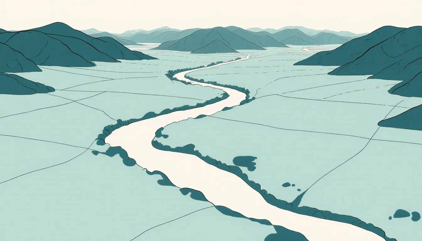 Illustration of a river winding through an inland valley ringed by mountains