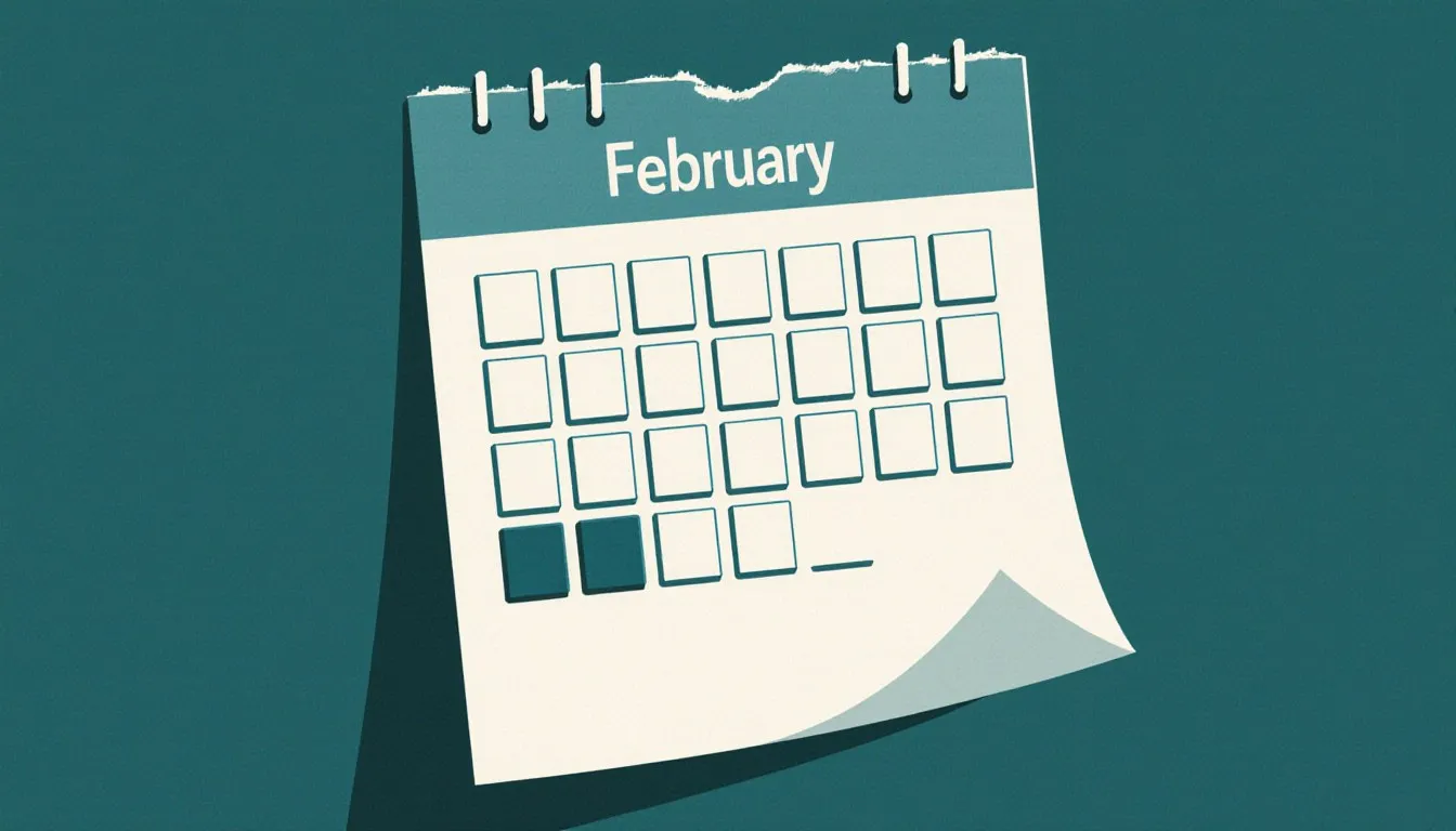 A February calendar grid with one extra date tile set apart from the rows, symbolizing a leap year's added day