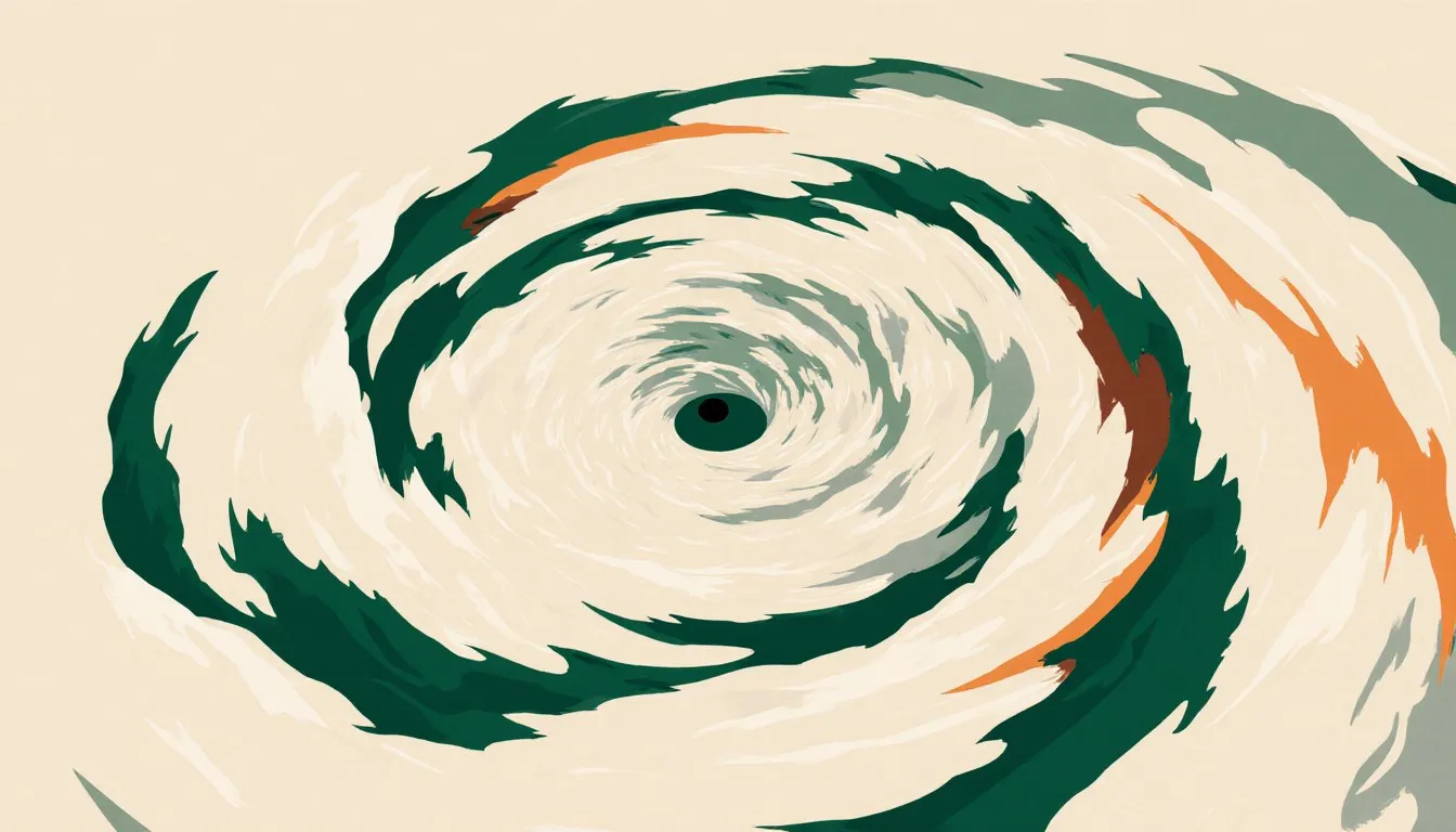 Aerial illustration of a hurricane's spiraling cloud bands swirling around a calm central eye