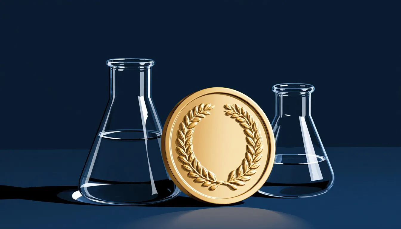 A gold laurel-wreath medal beside a chemistry flask and beaker, symbolizing the Nobel Prize in Chemistry