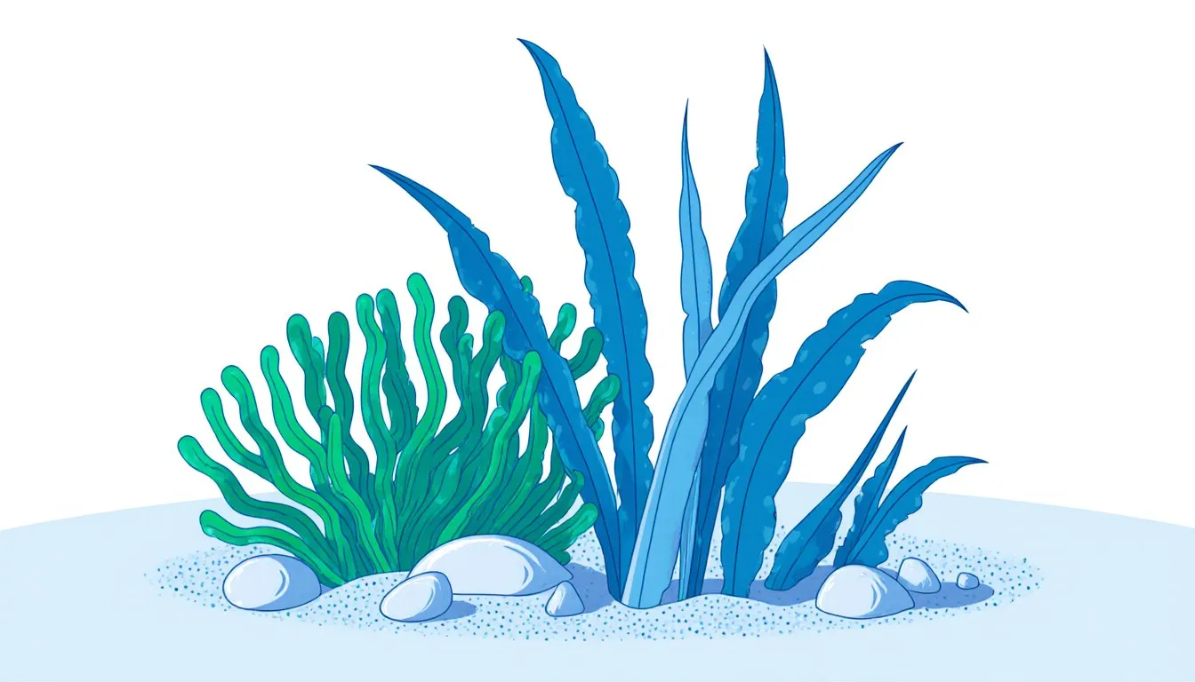 Ribbon-like eelgrass blades beside a tufted clump of green algae rooted in seafloor sediment