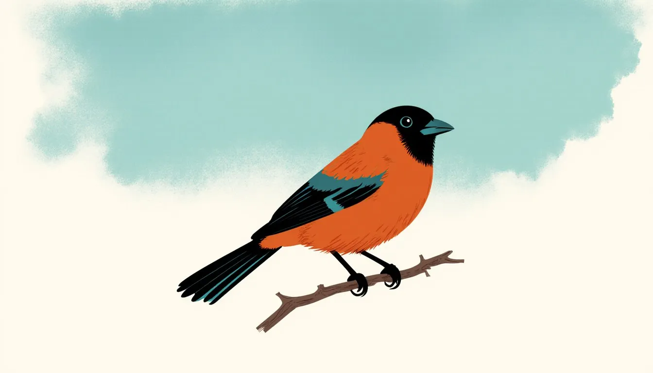 Illustration of a hooded pitohui, the poisonous bird with rust-orange body and black head, wings, and tail