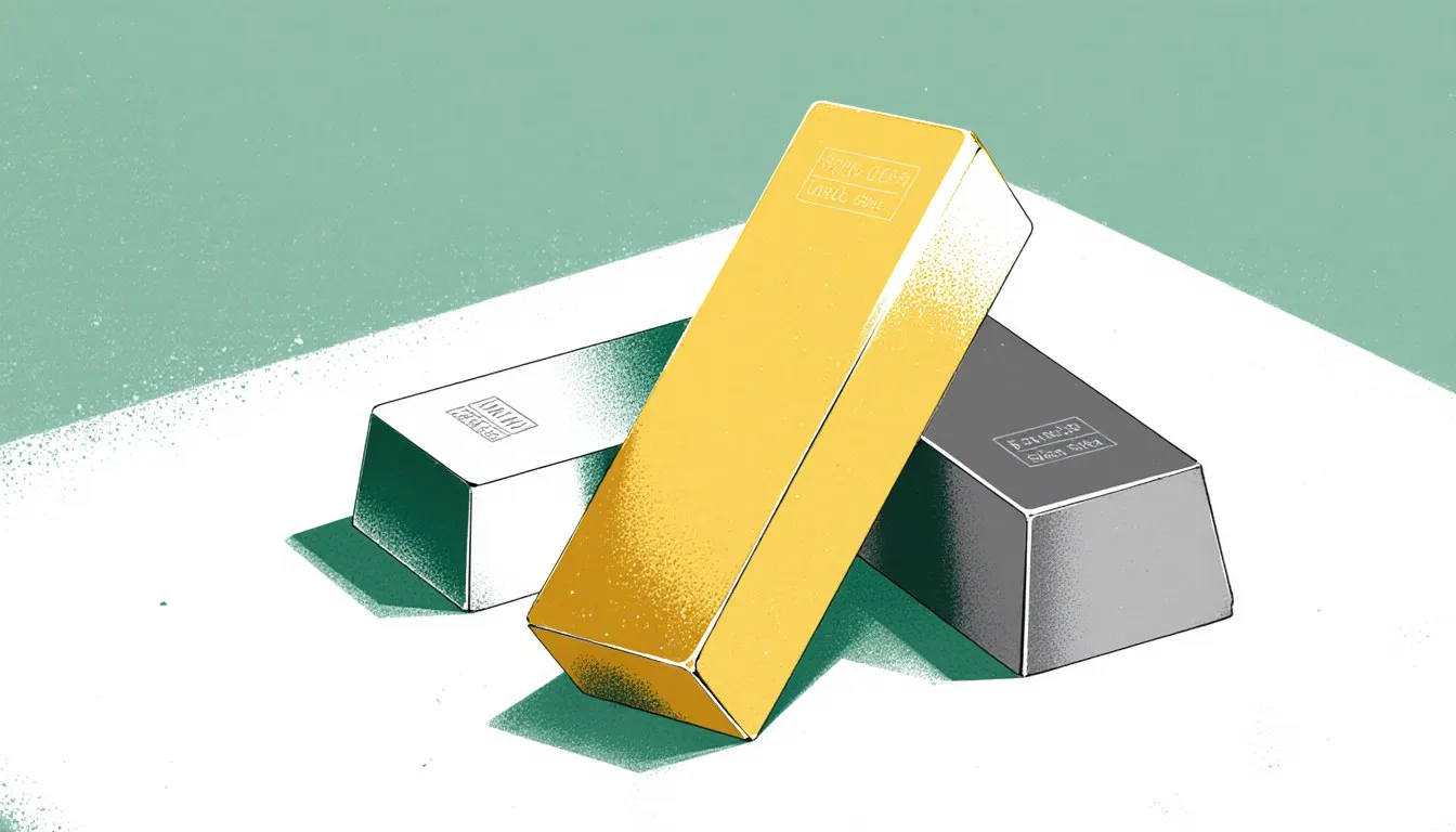 Three metal ingots in gold, silver, and platinum tones, illustrating different precious metals