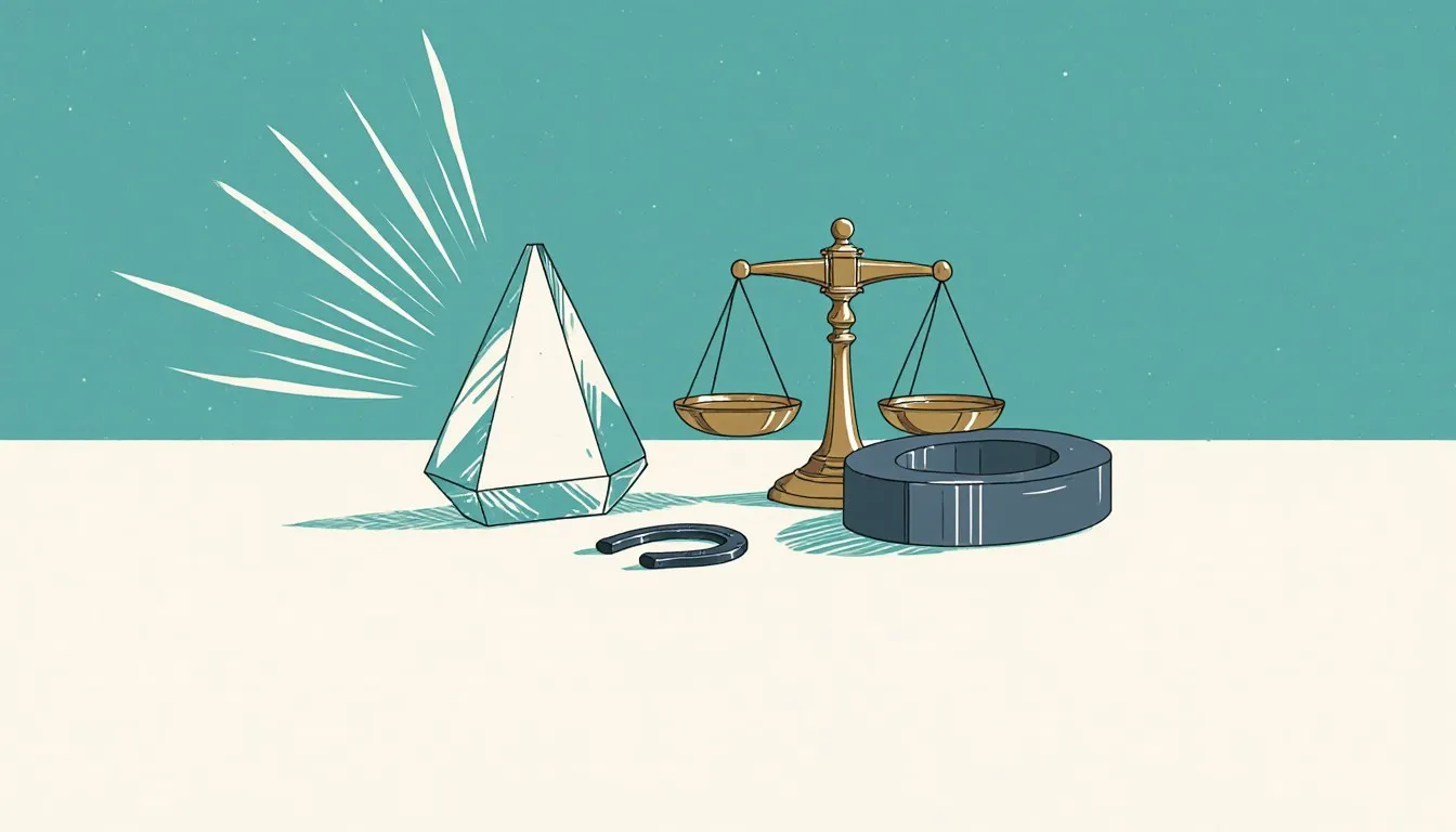 Illustration of a balance scale, glass prism, weight and magnet arranged on a bench
