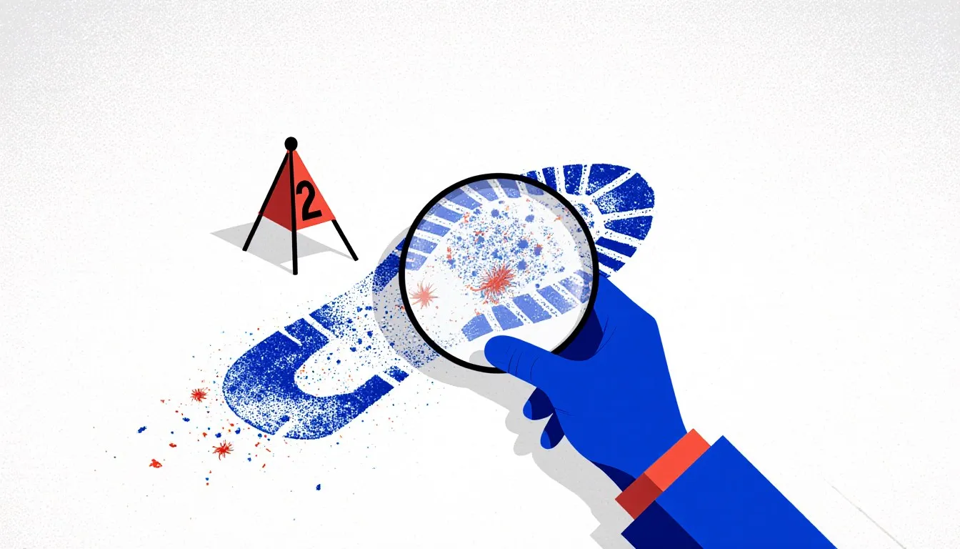 Magnifying glass revealing fibers and dust trapped in a shoe print beside a numbered evidence marker