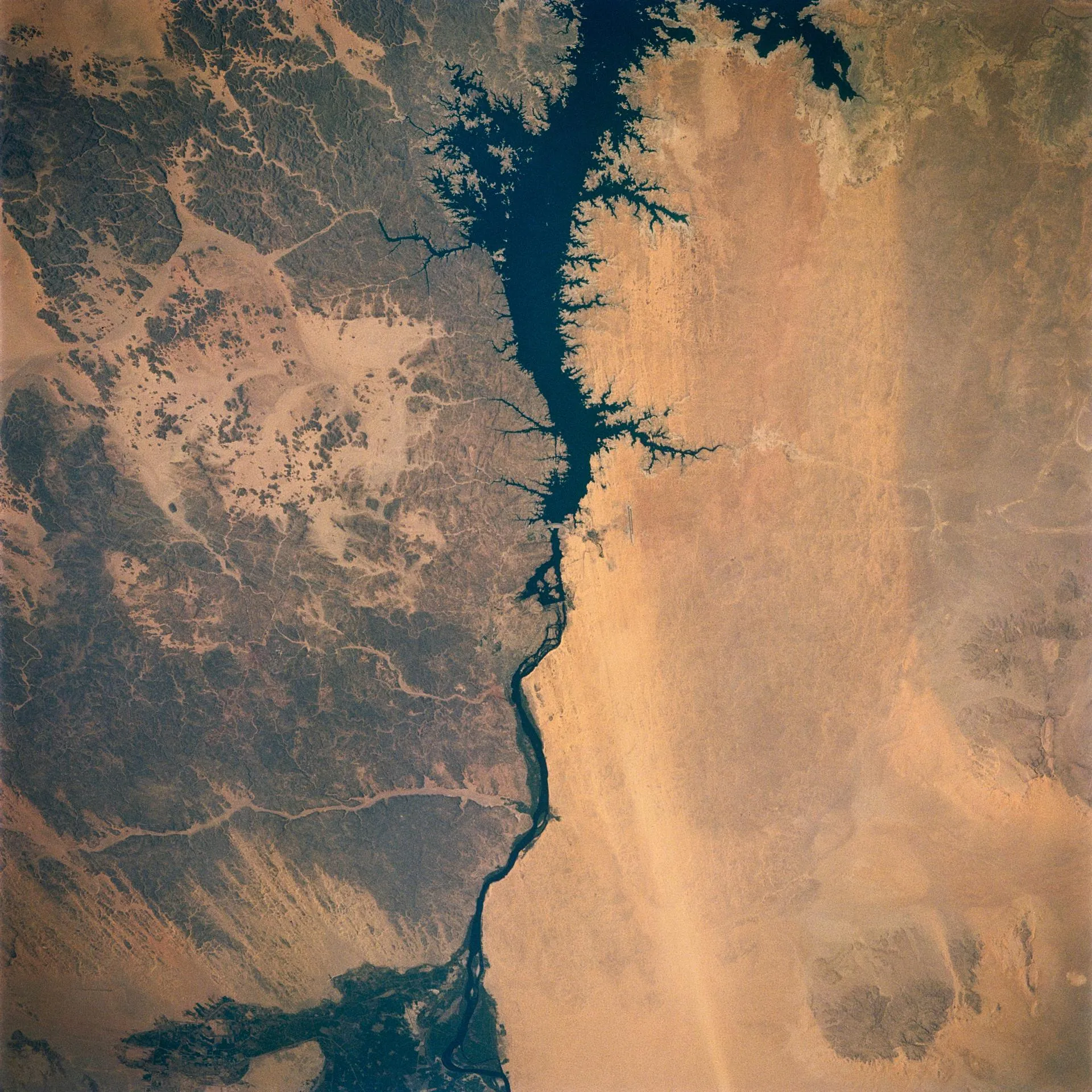 The Nile winding through the Egyptian desert, seen from space