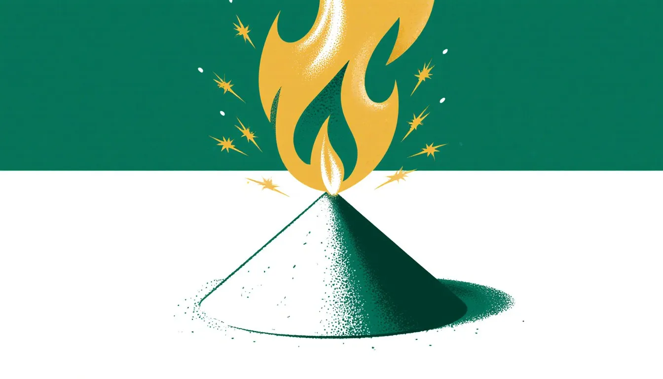 A mound of fine lycopodium powder bursting into flame and sparks, illustrating its use in fireworks manufacturing