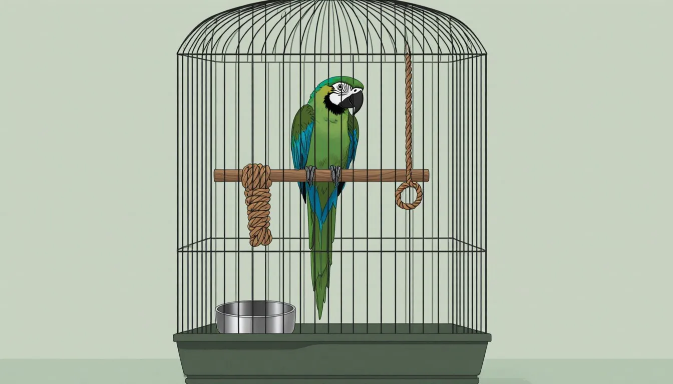 A large macaw perched inside a spacious cage with a wooden dowel and hanging rope perch
