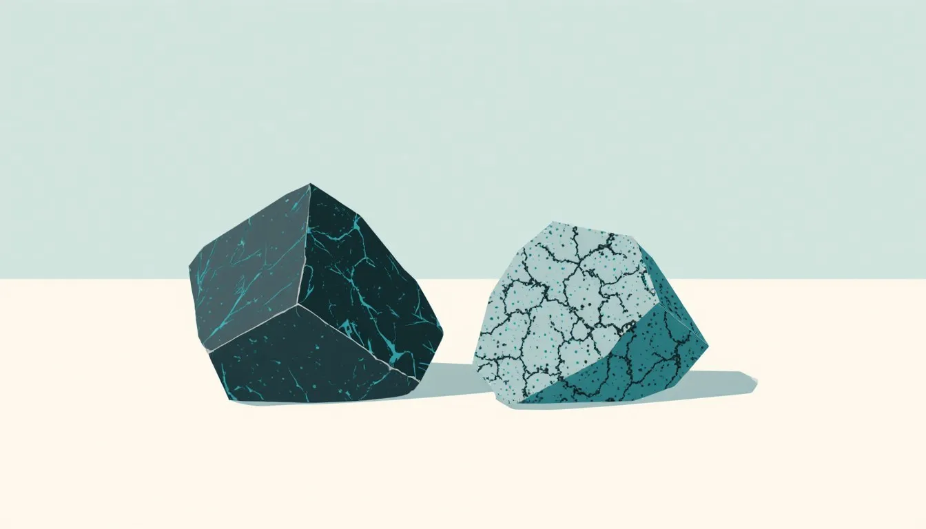 Illustration of a dark mafic rock beside a pale speckled felsic rock