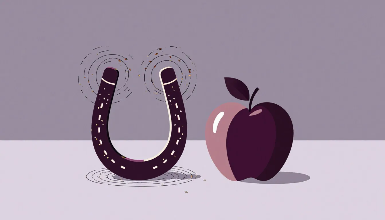 A horseshoe magnet with visible field lines beside a single apple, symbolizing magnetism and gravity.