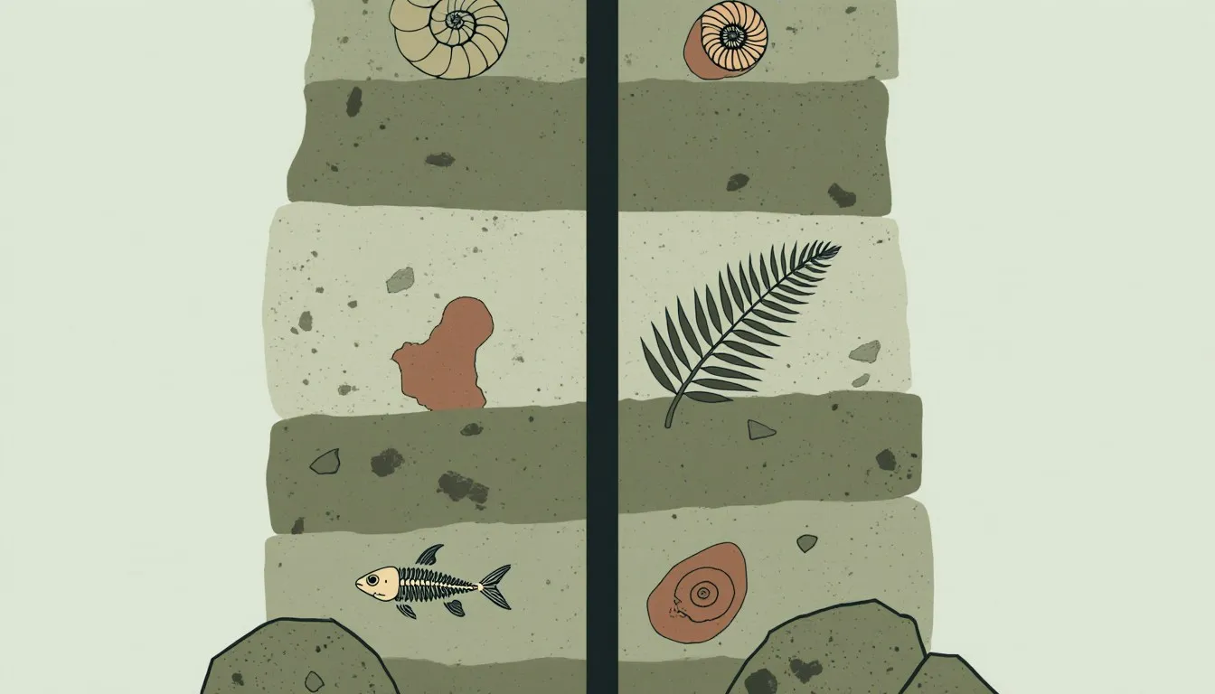 Illustrated cross-section of rock strata with embedded fossils ending abruptly at a mass extinction boundary line