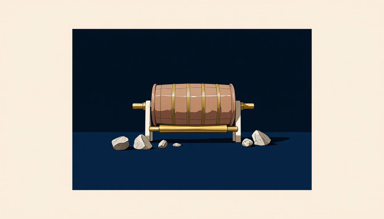 A homemade rock tumbler drum on a roller frame beside a small pile of rough and polished stones