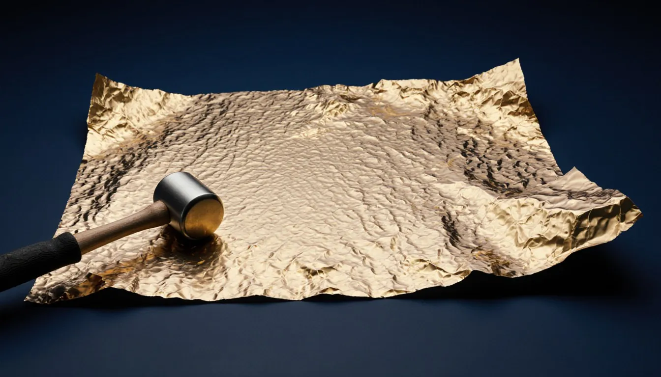 A rippled sheet of hammered metal foil beside a mallet, illustrating the malleability of metals