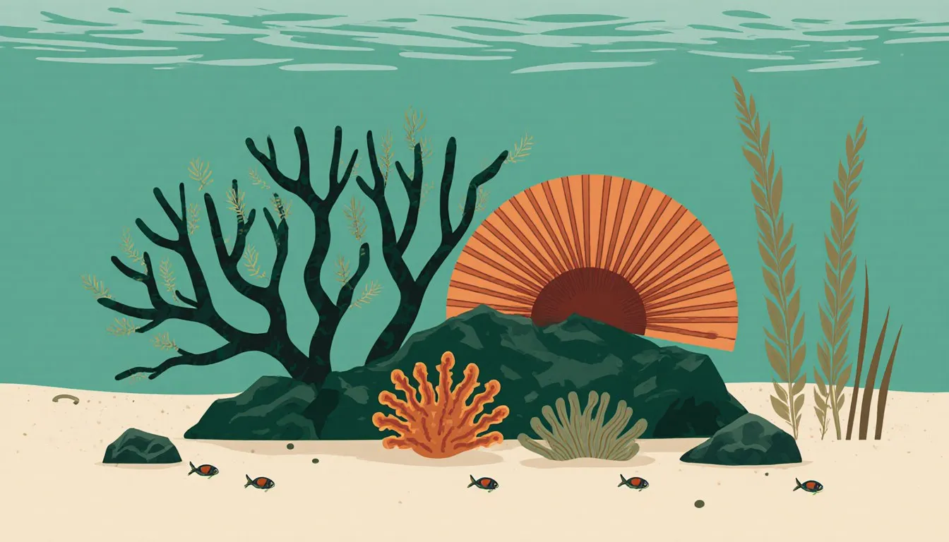 Illustrated coral reef scene with branching coral, fan coral, and small fish representing the marine biome