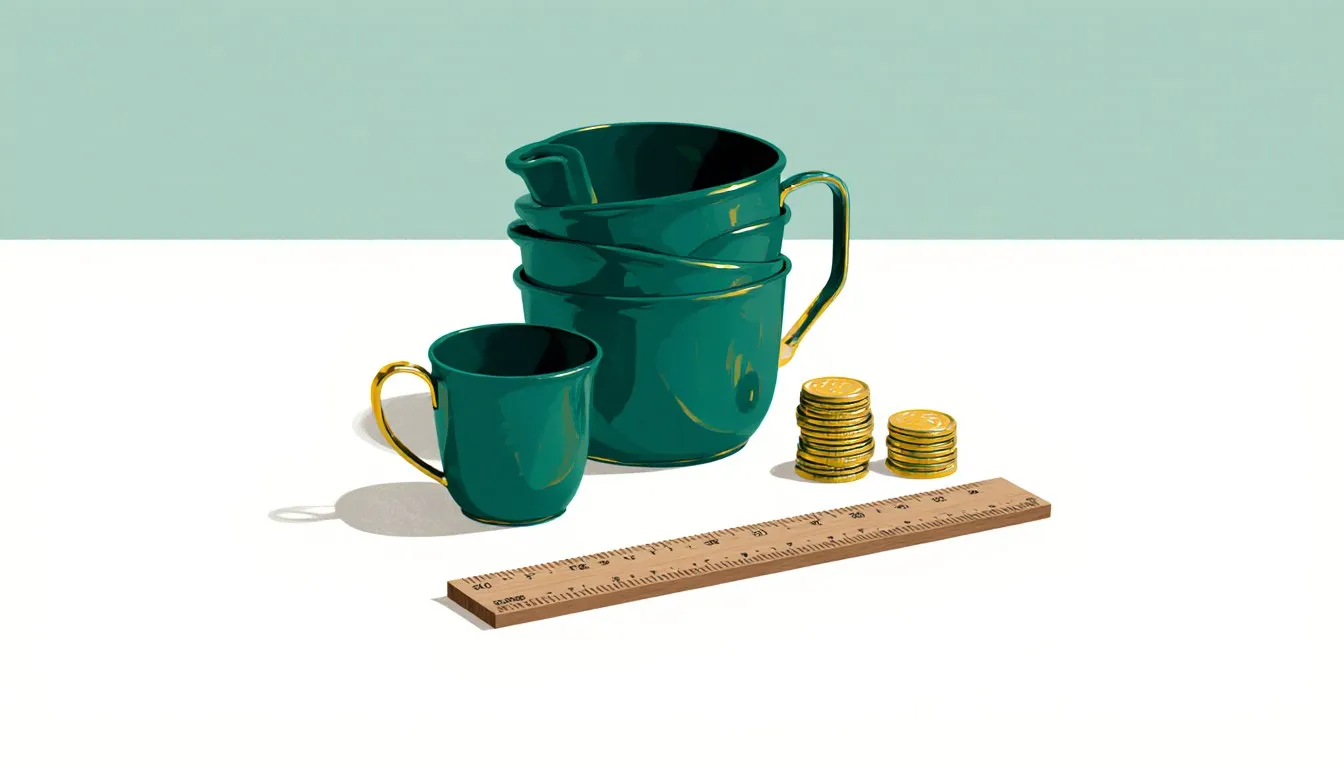 Measuring cups, a stack of coins, and a ruler arranged together, symbolizing math's role in daily tasks