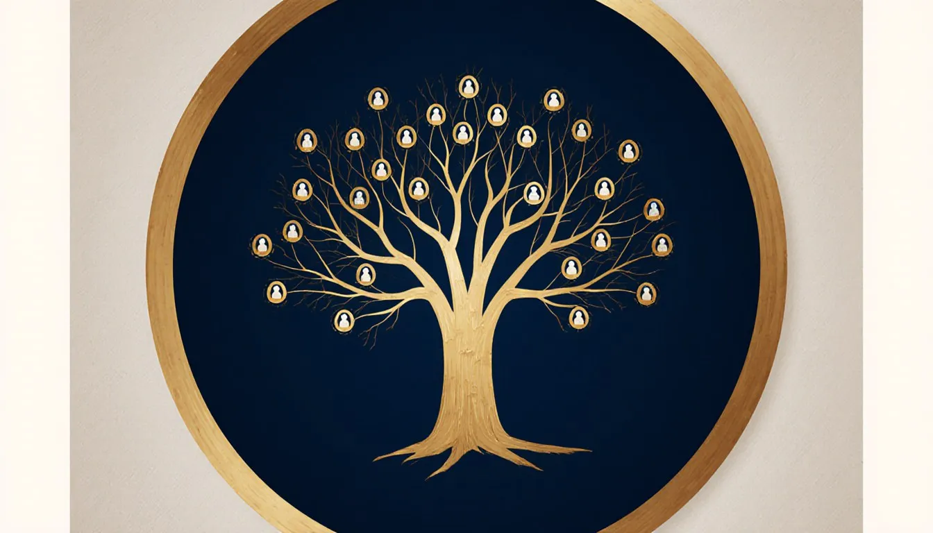 A stylized family tree with branching lineage lines, symbolizing descent and kinship systems