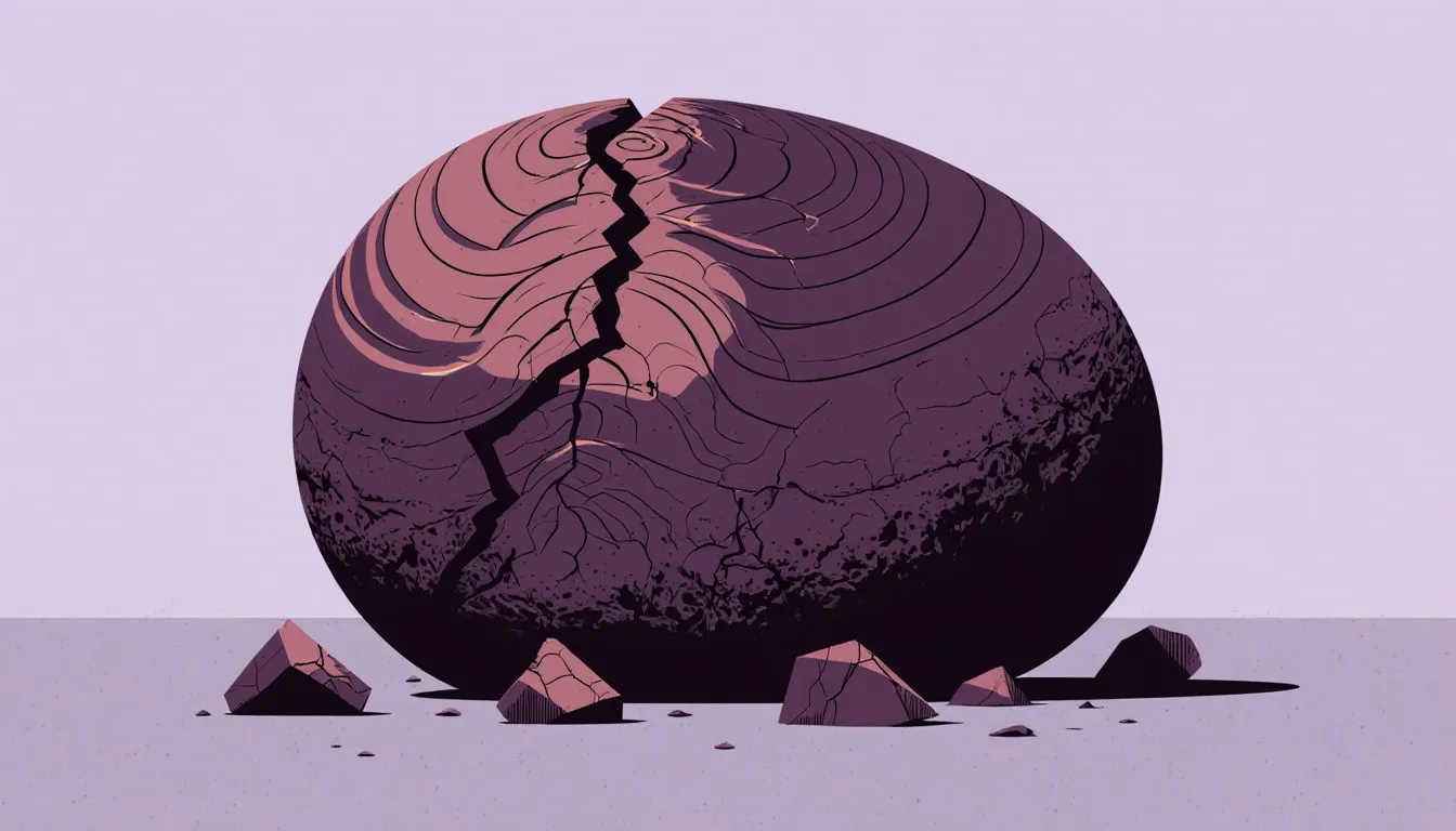 Illustration of a boulder with cracked, peeling outer layers and broken fragments at its base, depicting mechanical