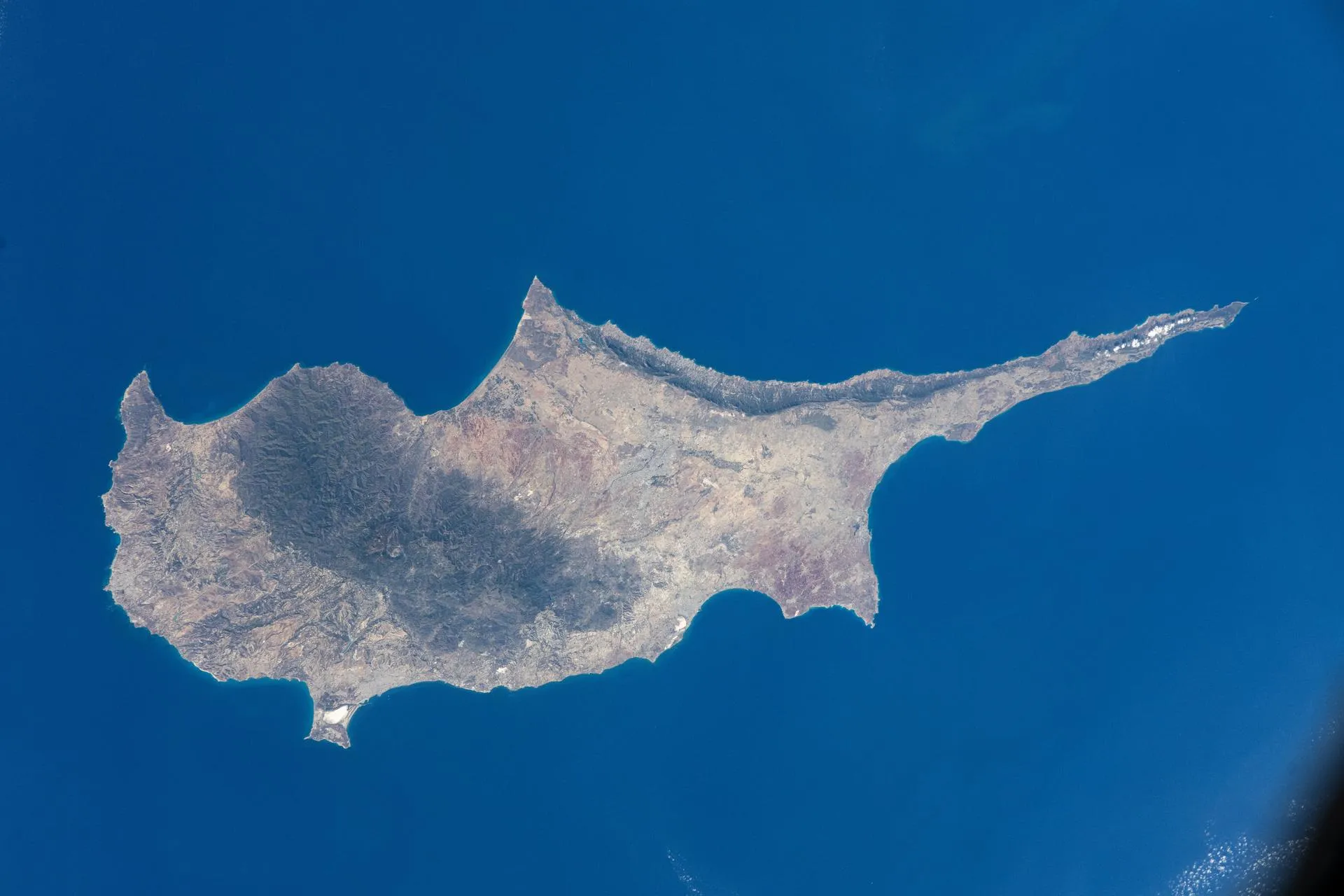 Island of Cyprus surrounded by the deep blue Mediterranean, from orbit