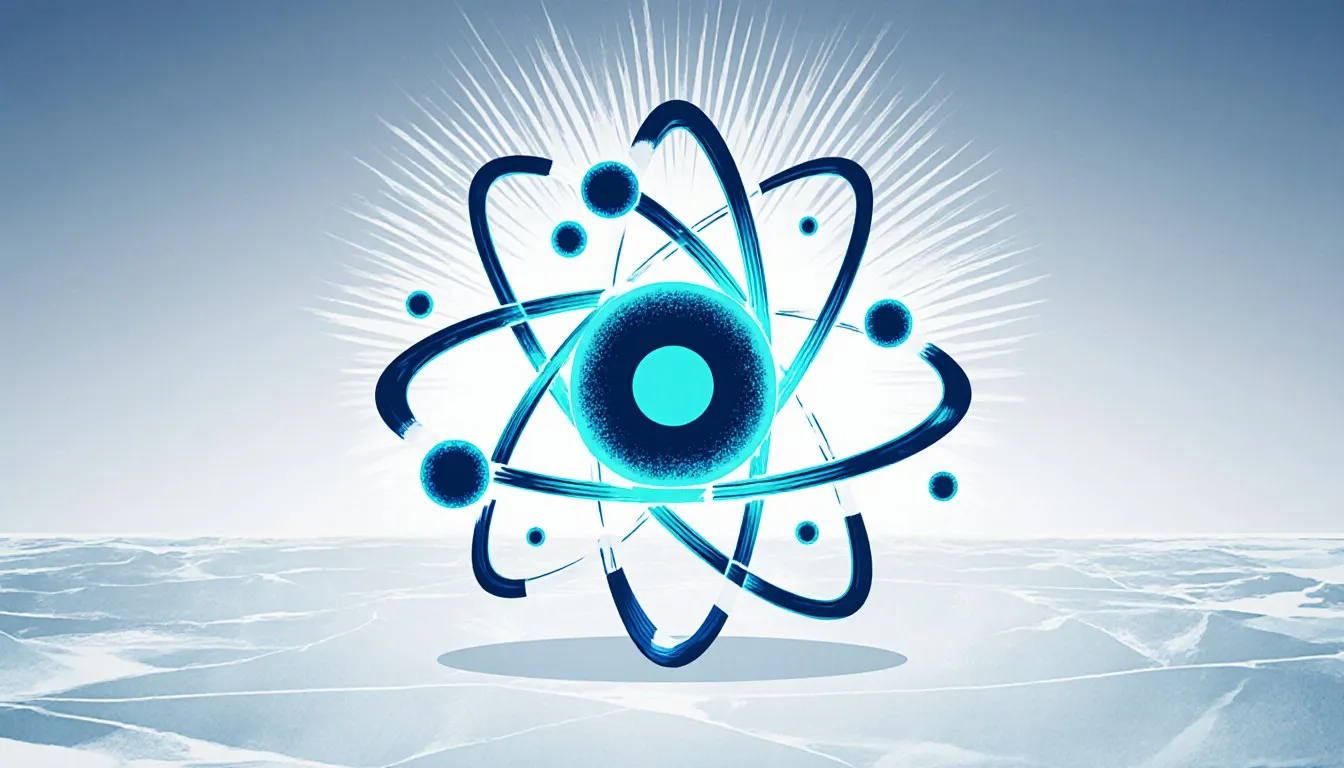 Stylized atomic model with a glowing nucleus and orbiting electron rings, representing the radioactive element meitnerium