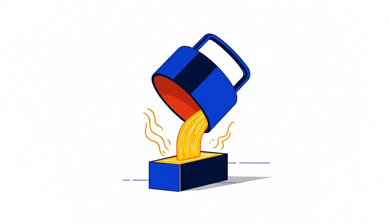 A crucible pouring a stream of glowing molten gold into an ingot mold