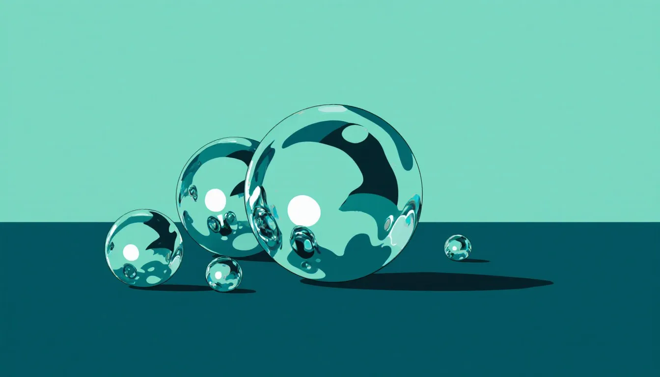 Silvery spheres of liquid mercury metal beading on a flat surface, illustrating the element's unique liquid form