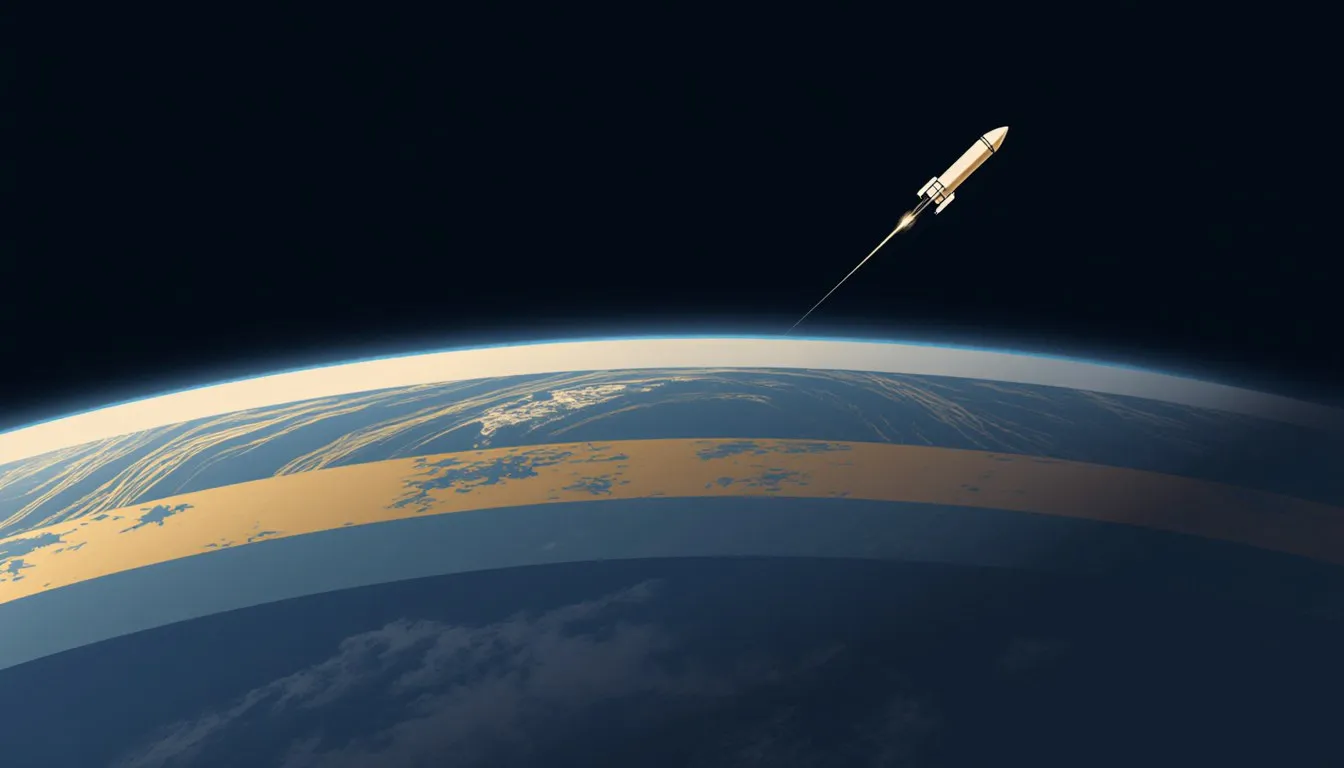 Illustration of Earth's atmosphere layers with noctilucent clouds glowing in the mesosphere as a rocket ascends through it