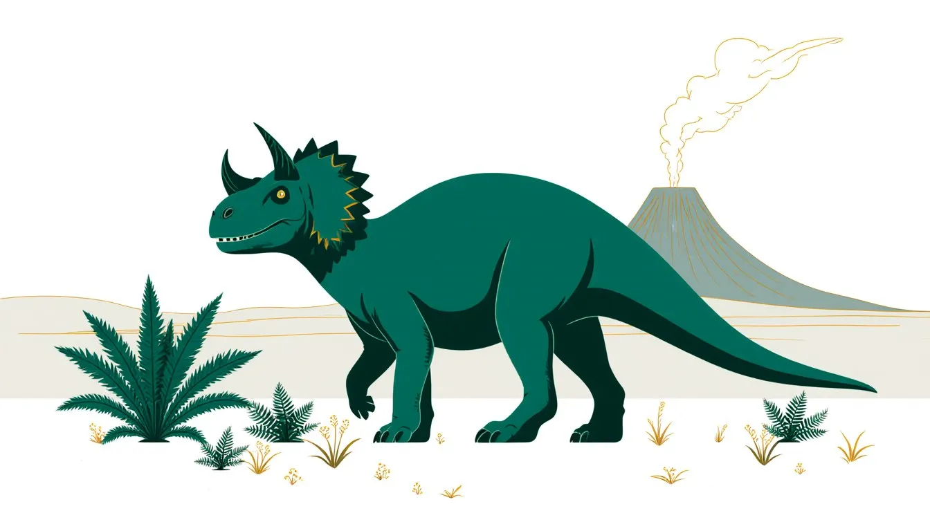 A horned dinosaur standing among ferns and flowering plants with a distant volcano in a Mesozoic-era landscape