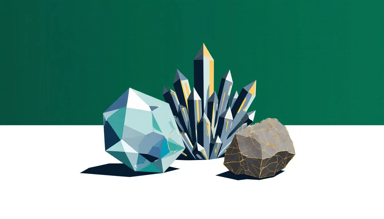 Illustrated arrangement of silicon, antimony, and arsenic crystal specimens showing their semi-metallic, crystalline