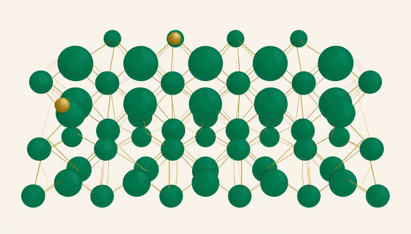 Diagram of a metal crystal lattice, orderly rows of large atoms with smaller accent-colored atoms wedged between them
