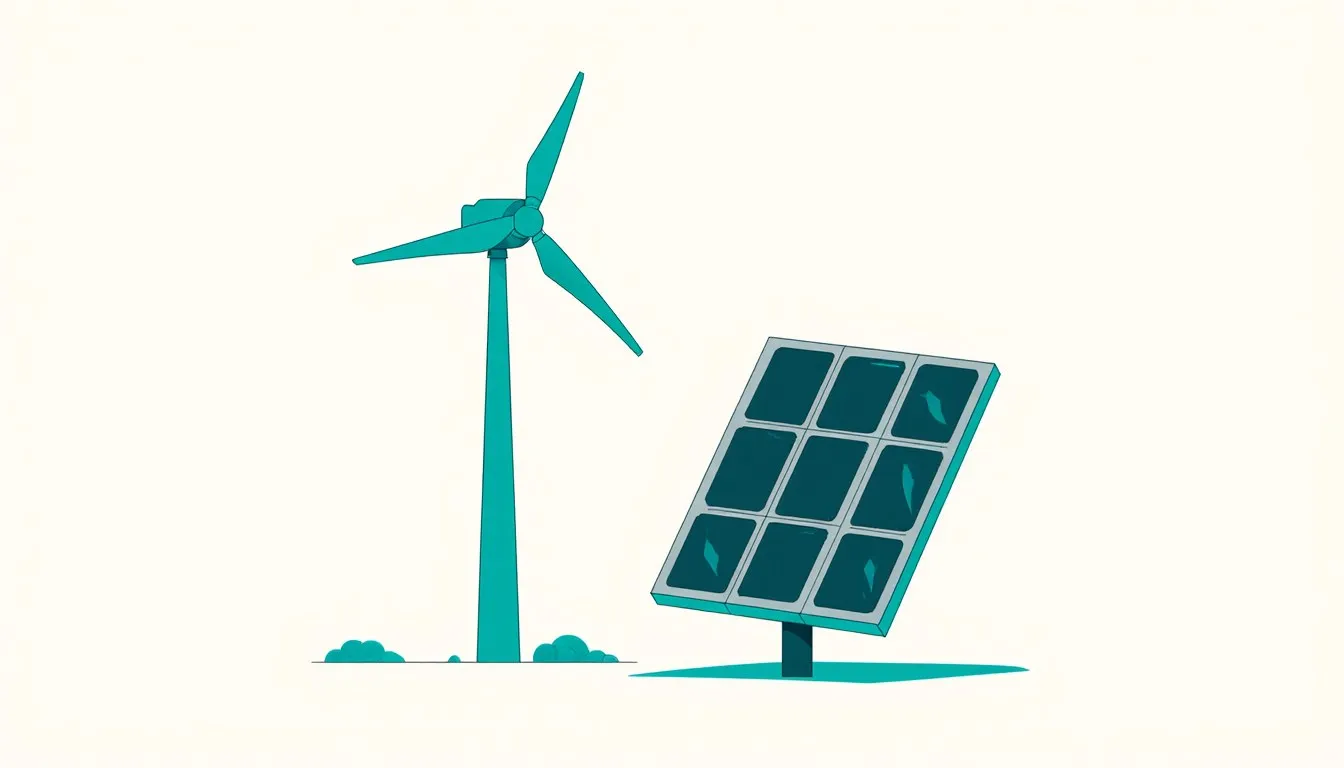 A wind turbine and a solar panel shown together, representing methods of generating electricity