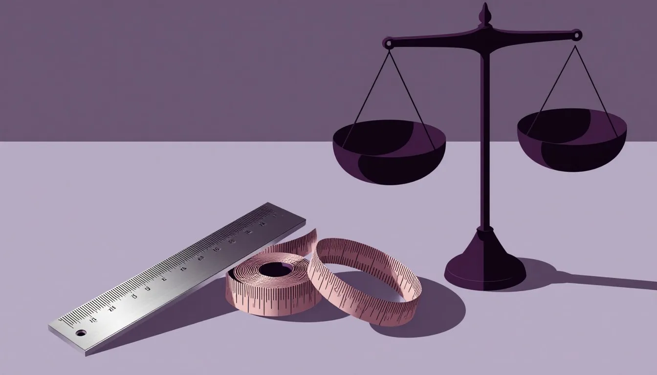 A ruler, coiled tape measure, and balance scale arranged together, representing metric units and conversion.