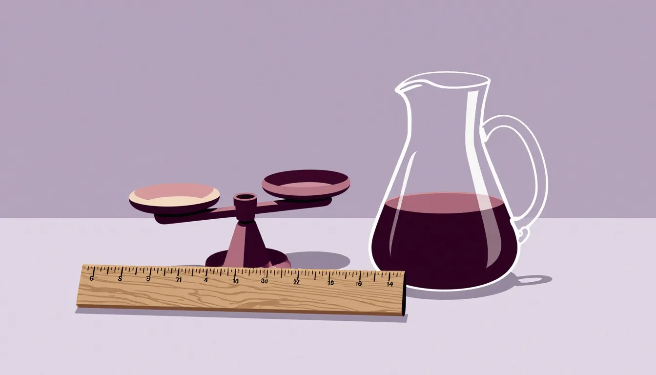 A ruler, balance scale, and measuring jug grouped together, representing the metric system's basic units of length, mass