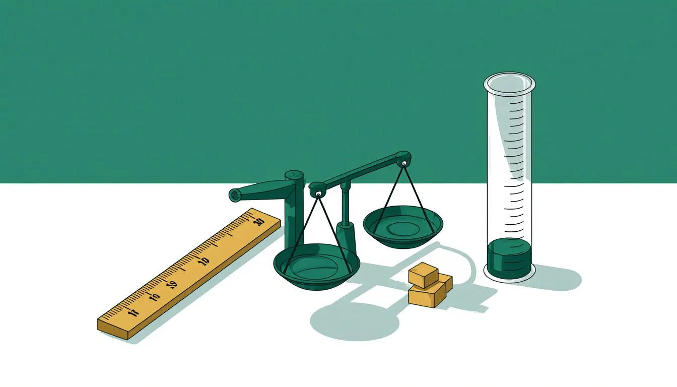 A ruler, balance scale with weights, and graduated cylinder arranged together representing metric units of length, mass, and