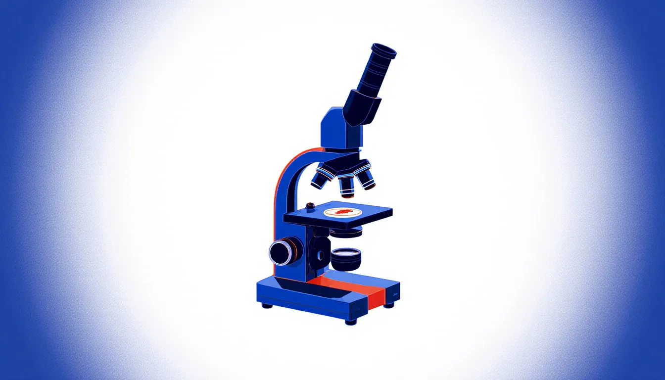 Illustration of a compound microscope with its eyepiece, objective lenses, stage, and base visible