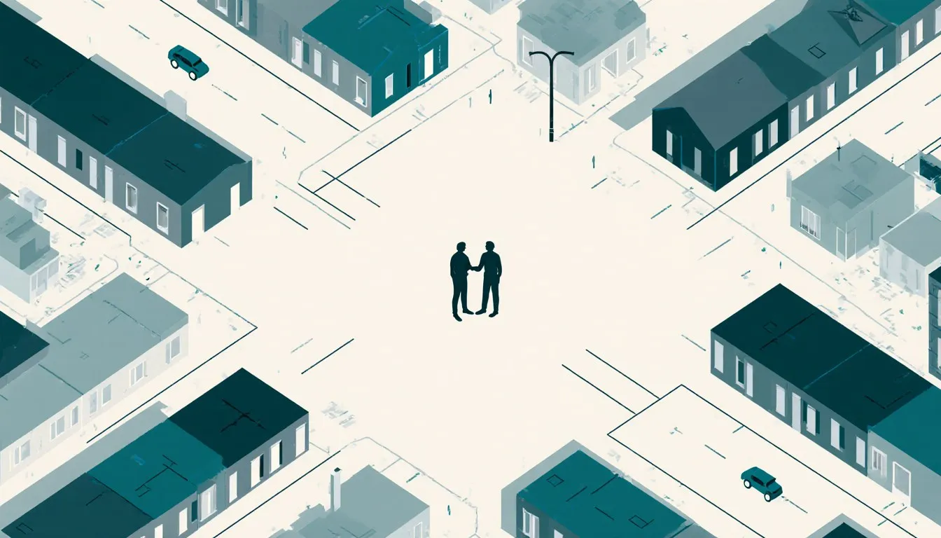 Aerial illustration of two figures talking in a plaza at the center of a radiating city street grid